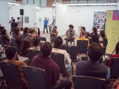 Roundtable “What is a Latin American Artist Today?” featuring Arturo Hernández Alcázar, Nataila Valencia, and Pia Camil, moderated by Daniel Montero.